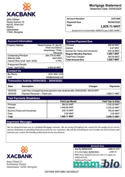 Mongolia XacBank wyciąg z kredytu hipotecznego szablon Word i PDF